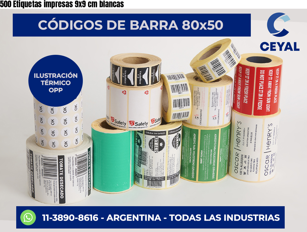 500 Etiquetas impresas 9×9 cm blancas