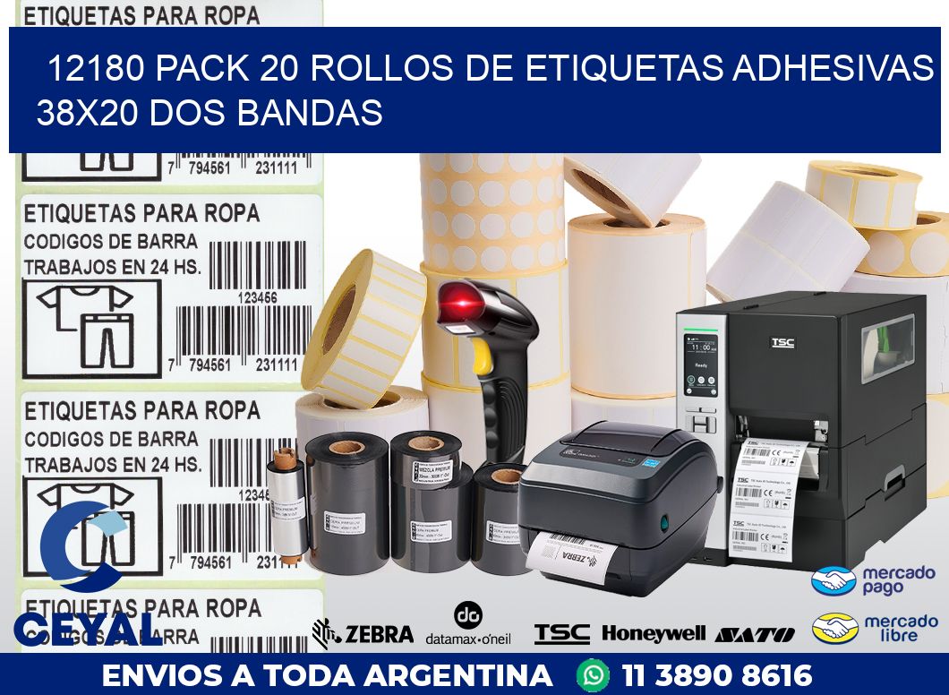 12180 PACK 20 ROLLOS DE ETIQUETAS ADHESIVAS 38X20 DOS BANDAS