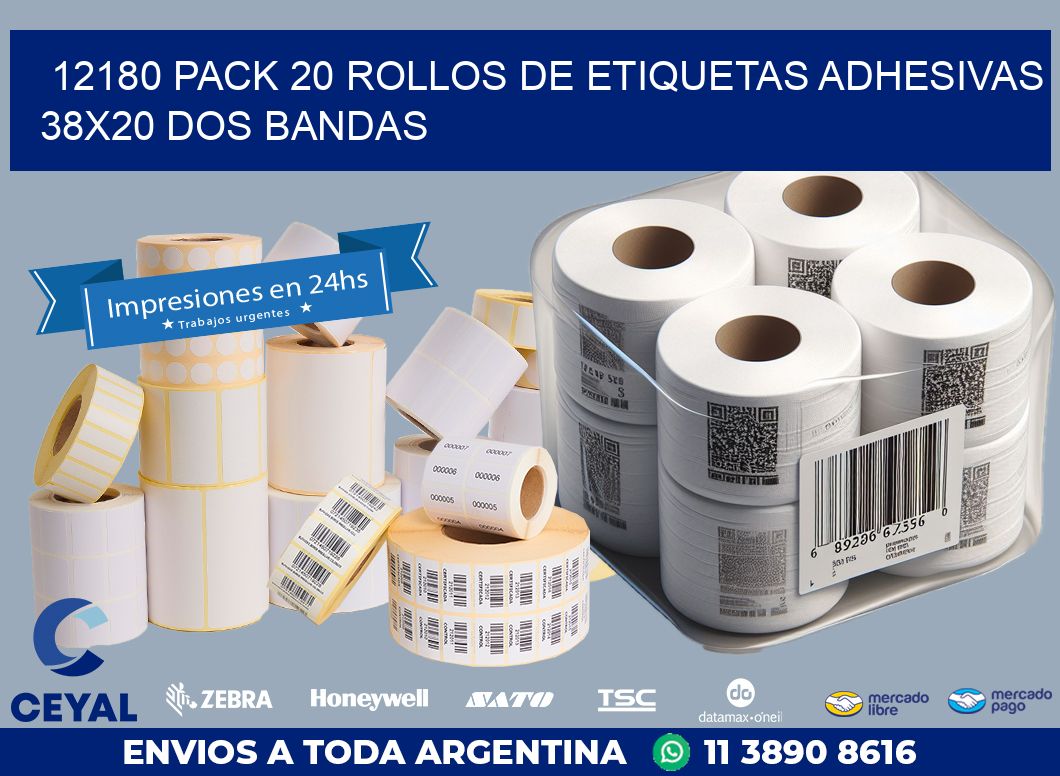 12180 PACK 20 ROLLOS DE ETIQUETAS ADHESIVAS 38X20 DOS BANDAS