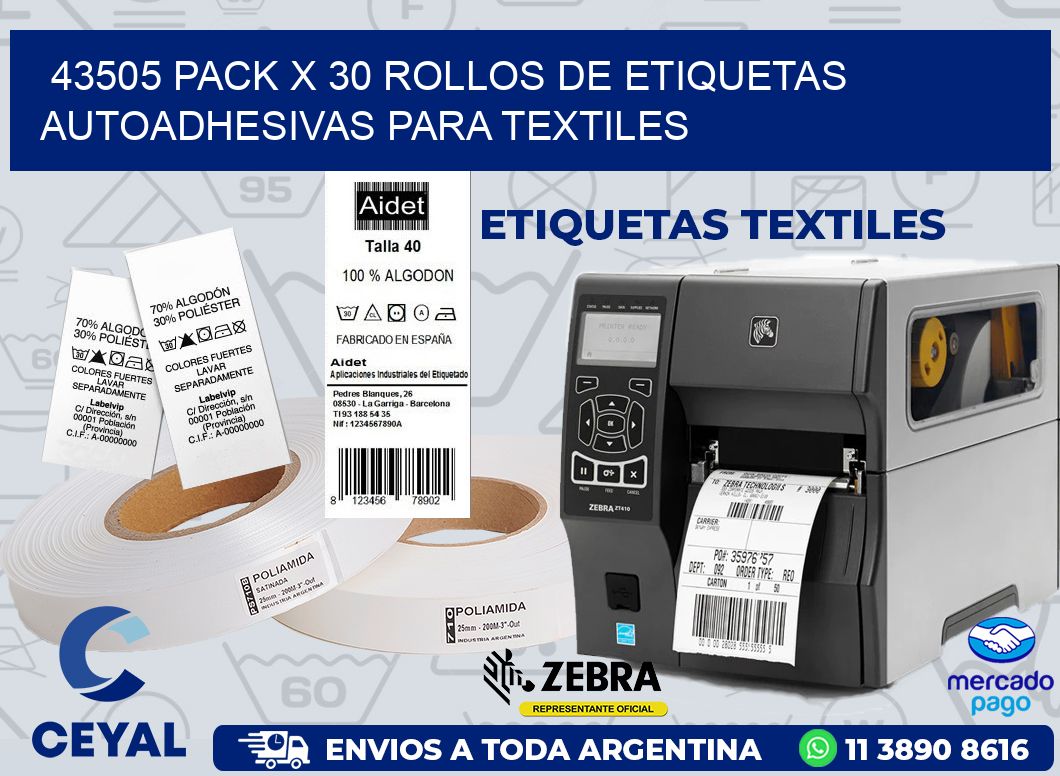 43505 PACK X 30 ROLLOS DE ETIQUETAS AUTOADHESIVAS PARA TEXTILES