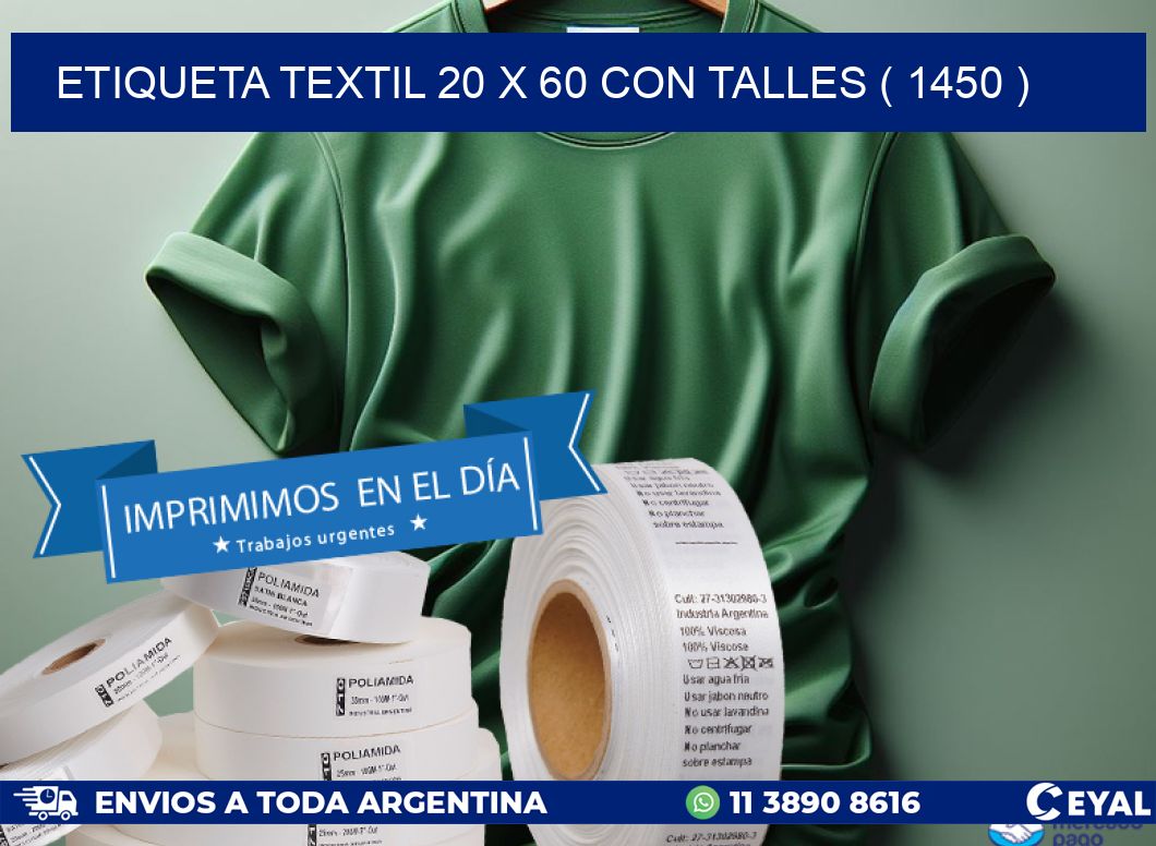 ETIQUETA TEXTIL 20 X 60 CON TALLES ( 1450 )