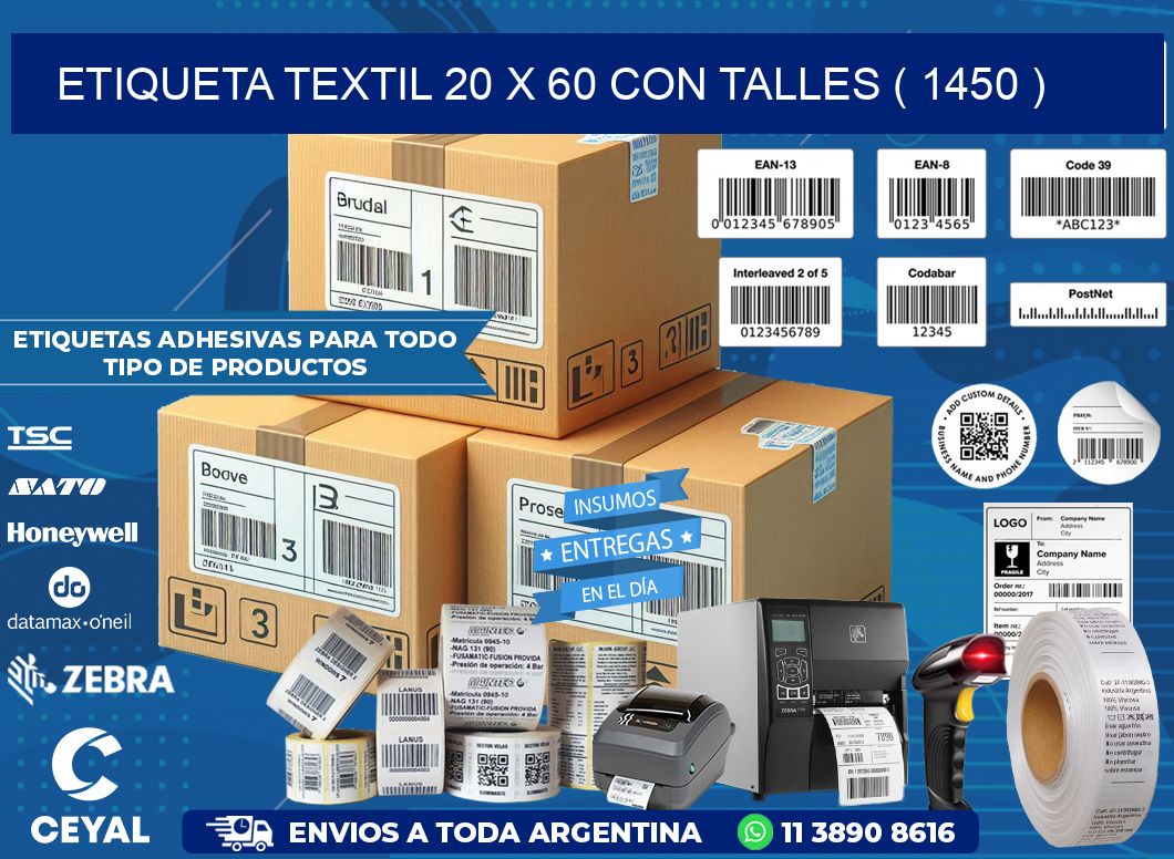 ETIQUETA TEXTIL 20 X 60 CON TALLES ( 1450 )