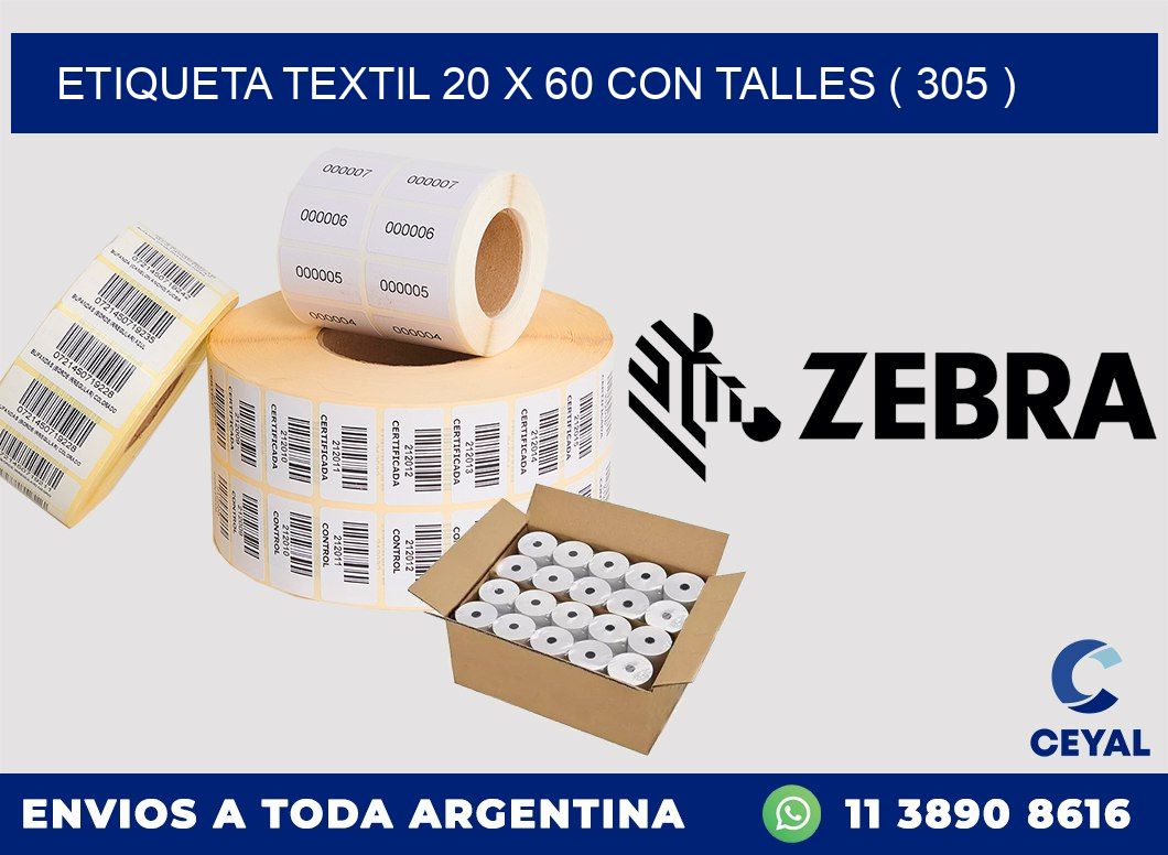 ETIQUETA TEXTIL 20 X 60 CON TALLES ( 305 )