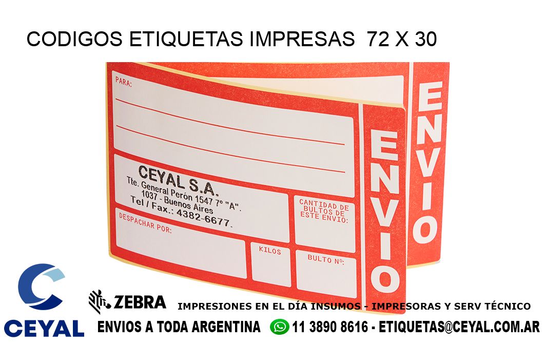 CODIGOS ETIQUETAS IMPRESAS  72 x 30