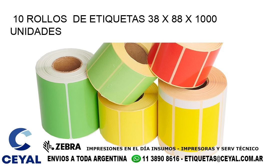 10 ROLLOS  DE ETIQUETAS 38 x 88 X 1000 UNIDADES