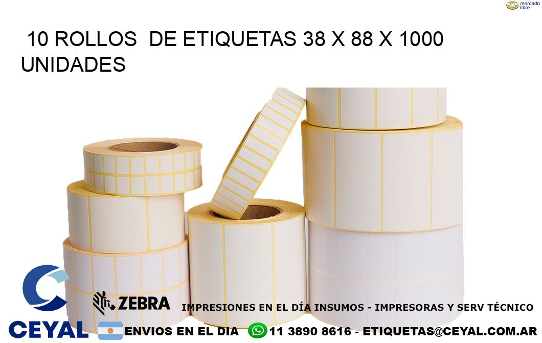 10 ROLLOS  DE ETIQUETAS 38 x 88 X 1000 UNIDADES