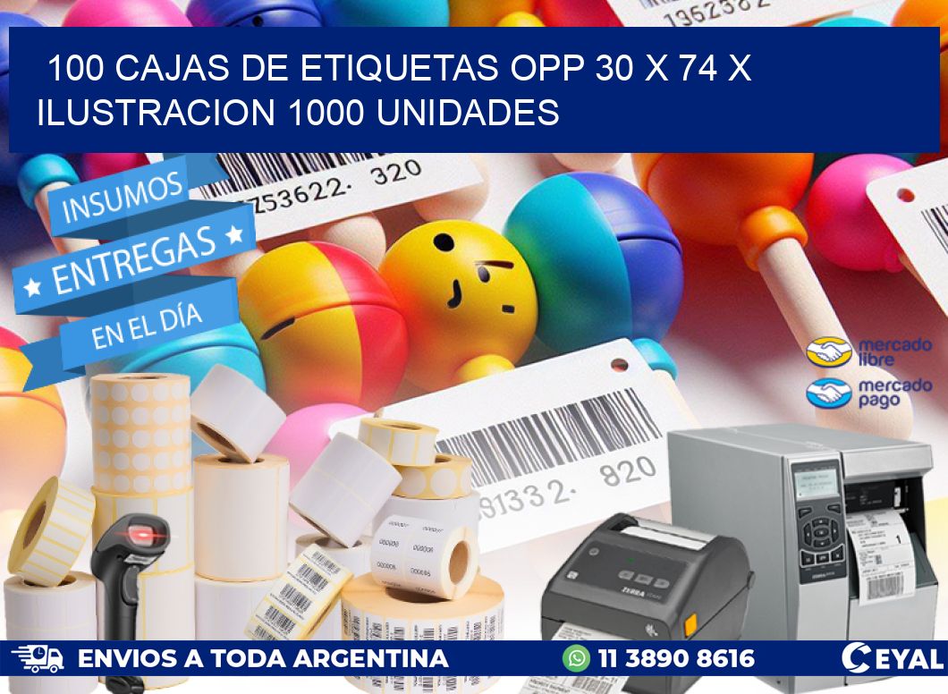 100 CAJAS DE ETIQUETAS OPP 30 x 74 X ILUSTRACION 1000 UNIDADES