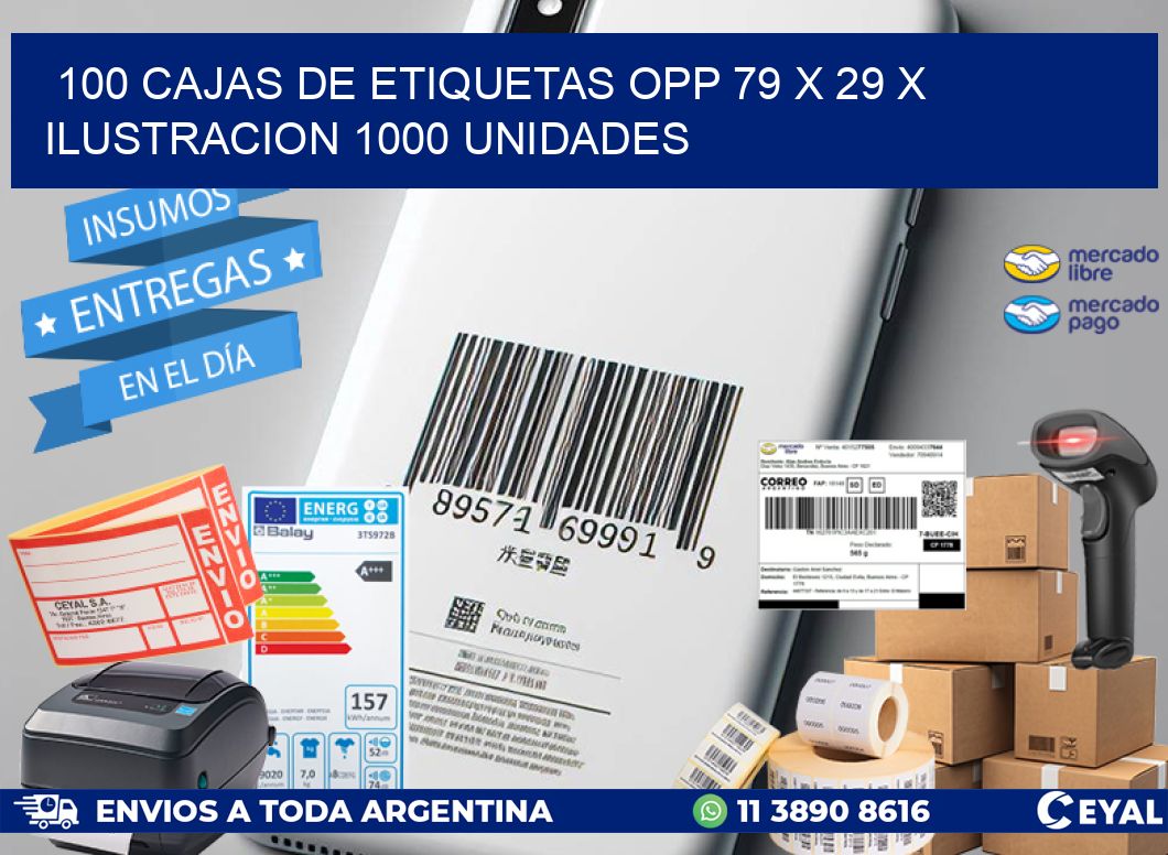 100 CAJAS DE ETIQUETAS OPP 79 x 29 X ILUSTRACION 1000 UNIDADES