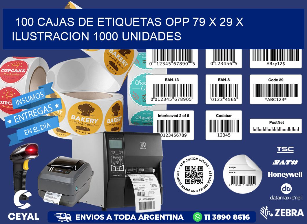 100 CAJAS DE ETIQUETAS OPP 79 x 29 X ILUSTRACION 1000 UNIDADES