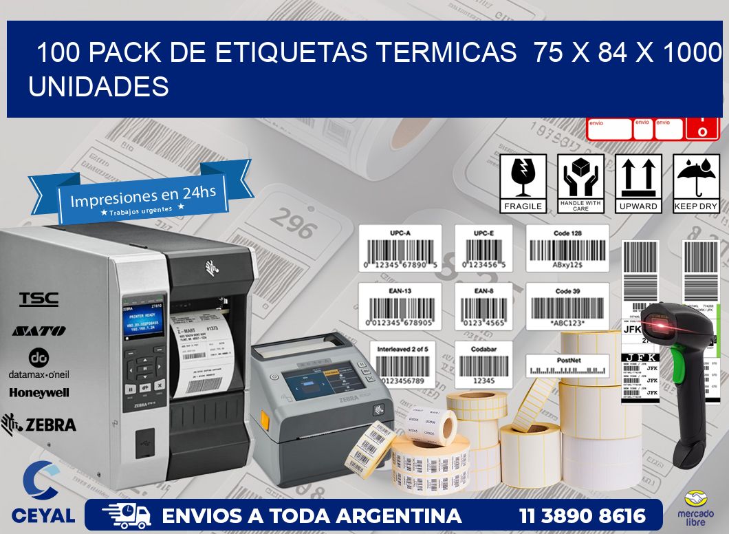 100 PACK DE ETIQUETAS TERMICAS  75 x 84 X 1000 UNIDADES