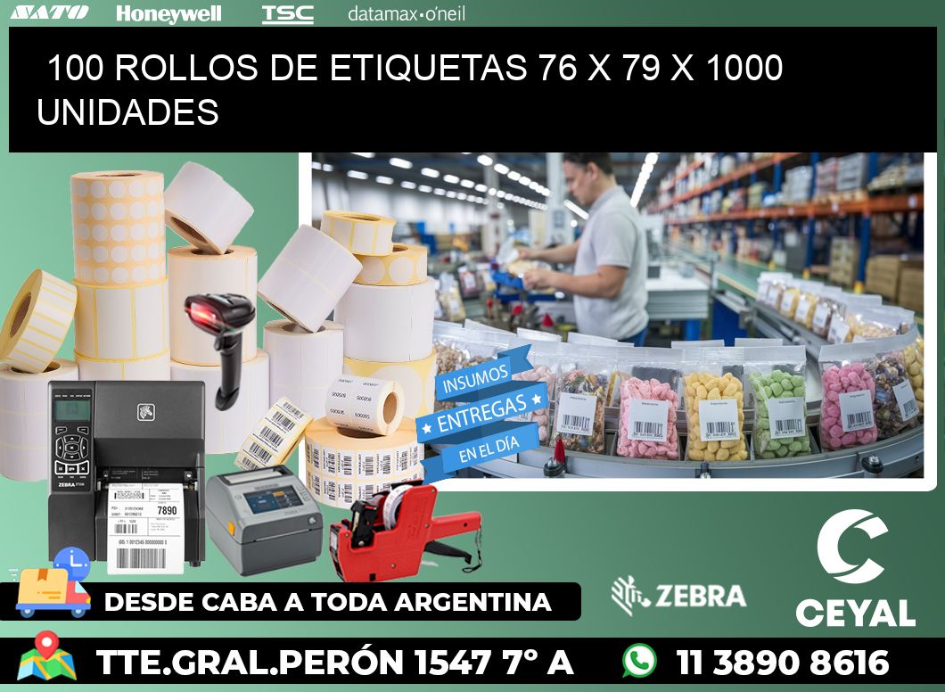 100 ROLLOS DE ETIQUETAS 76 x 79 X 1000 UNIDADES