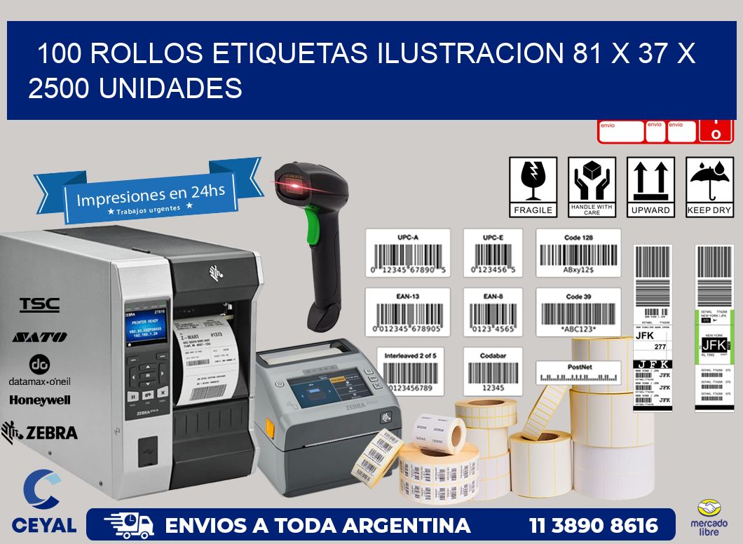 100 ROLLOS ETIQUETAS ILUSTRACION 81 x 37 X 2500 UNIDADES