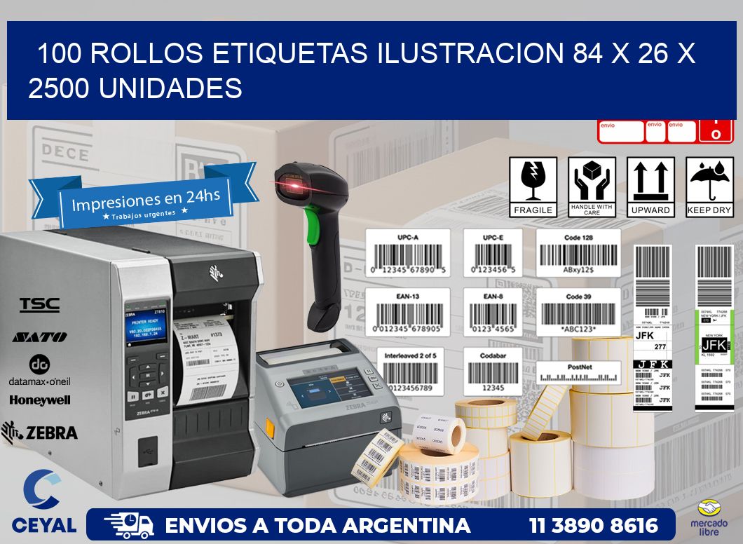 100 ROLLOS ETIQUETAS ILUSTRACION 84 x 26 X 2500 UNIDADES