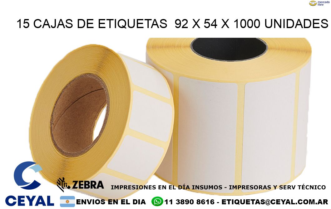 15 CAJAS DE ETIQUETAS  92 x 54 X 1000 UNIDADES