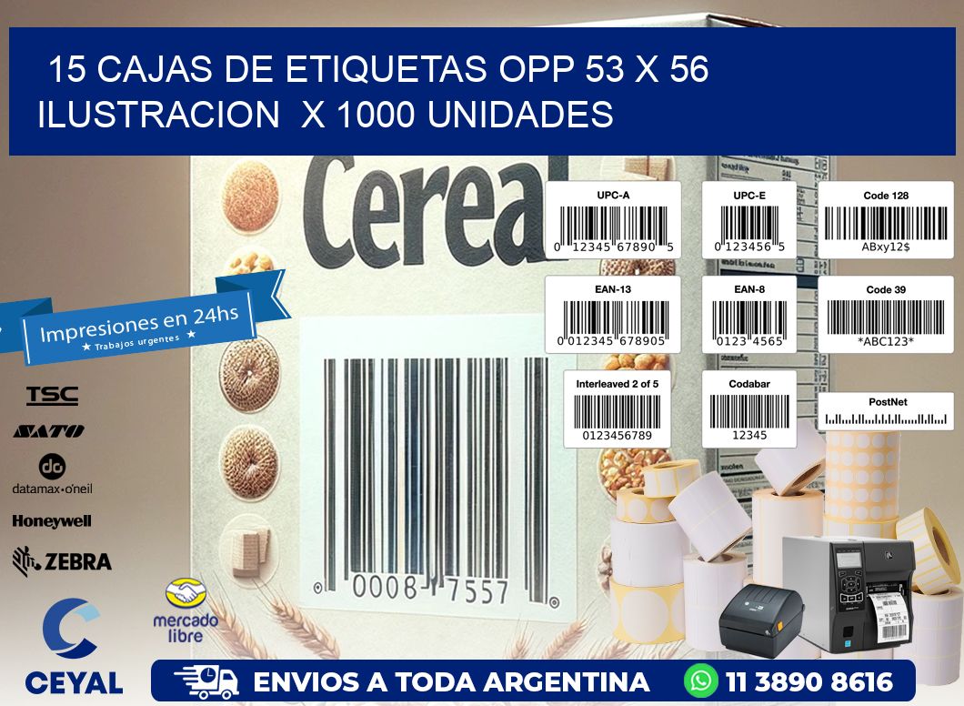 15 CAJAS DE ETIQUETAS OPP 53 x 56 ILUSTRACION  X 1000 UNIDADES