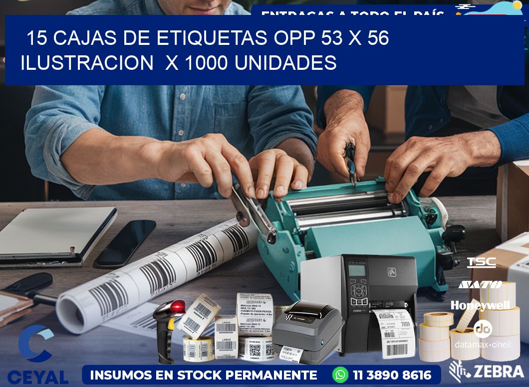 15 CAJAS DE ETIQUETAS OPP 53 x 56 ILUSTRACION  X 1000 UNIDADES