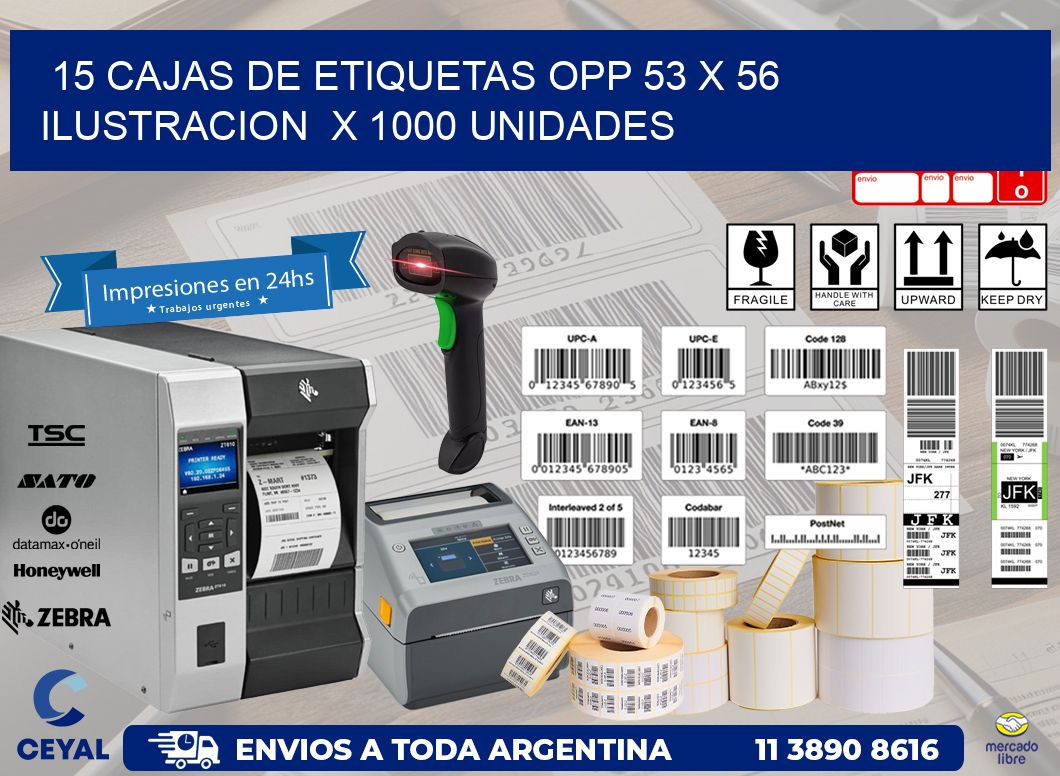 15 CAJAS DE ETIQUETAS OPP 53 x 56 ILUSTRACION  X 1000 UNIDADES