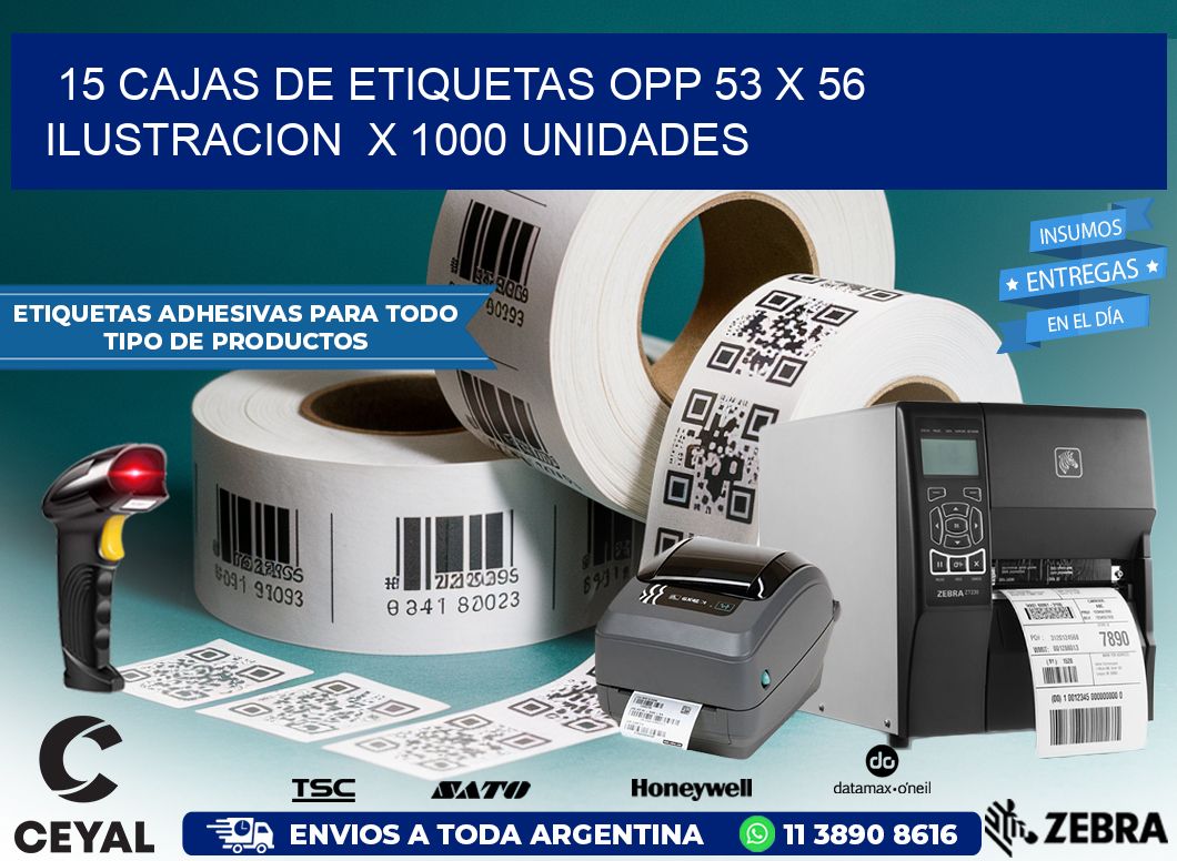 15 CAJAS DE ETIQUETAS OPP 53 x 56 ILUSTRACION  X 1000 UNIDADES