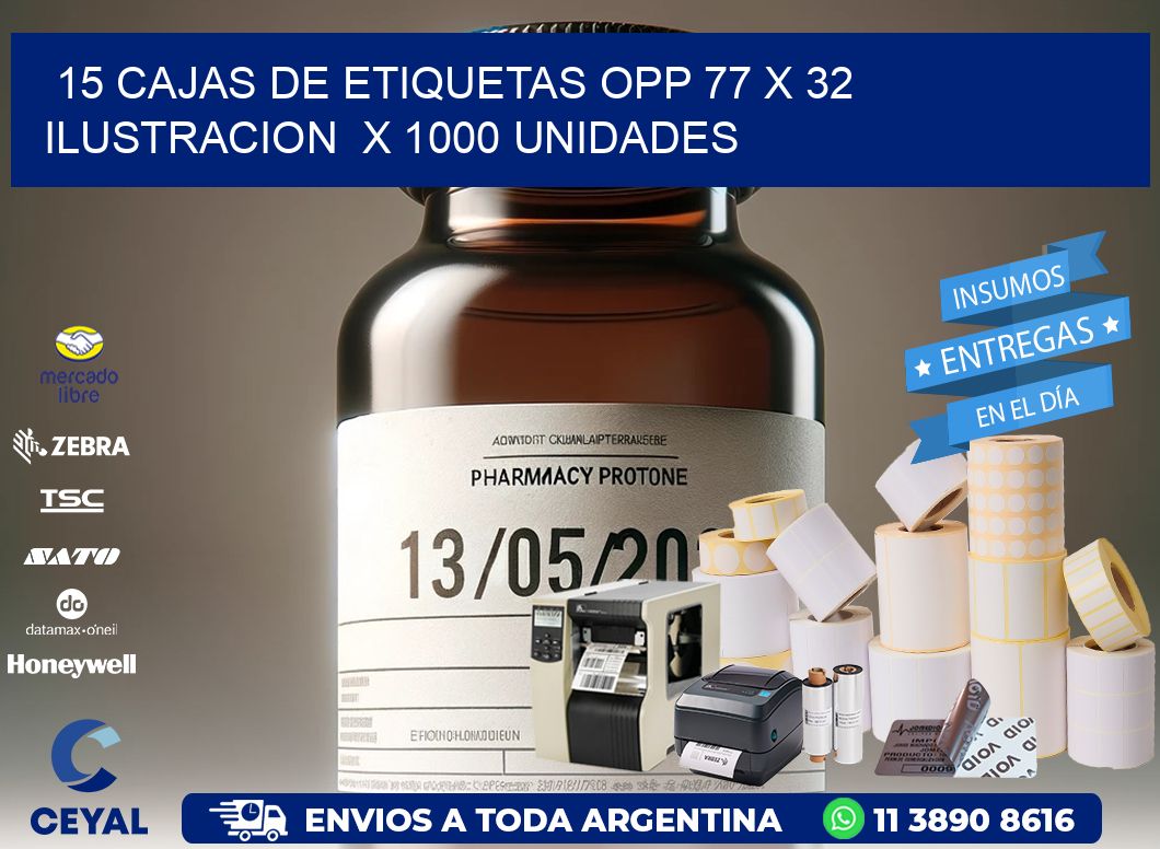 15 CAJAS DE ETIQUETAS OPP 77 x 32 ILUSTRACION  X 1000 UNIDADES