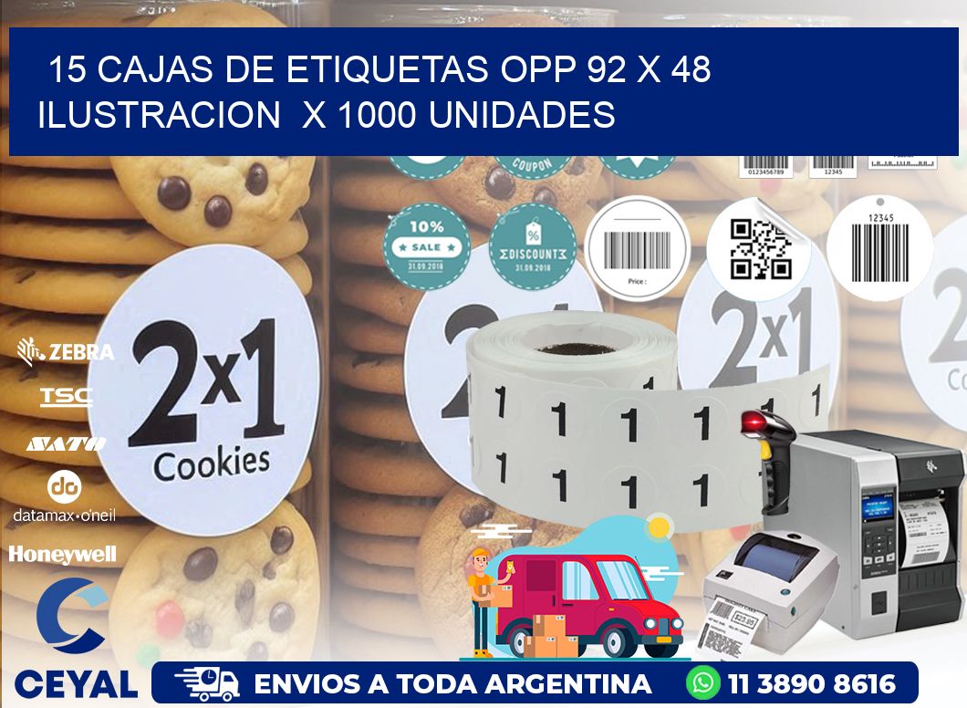 15 CAJAS DE ETIQUETAS OPP 92 x 48 ILUSTRACION  X 1000 UNIDADES