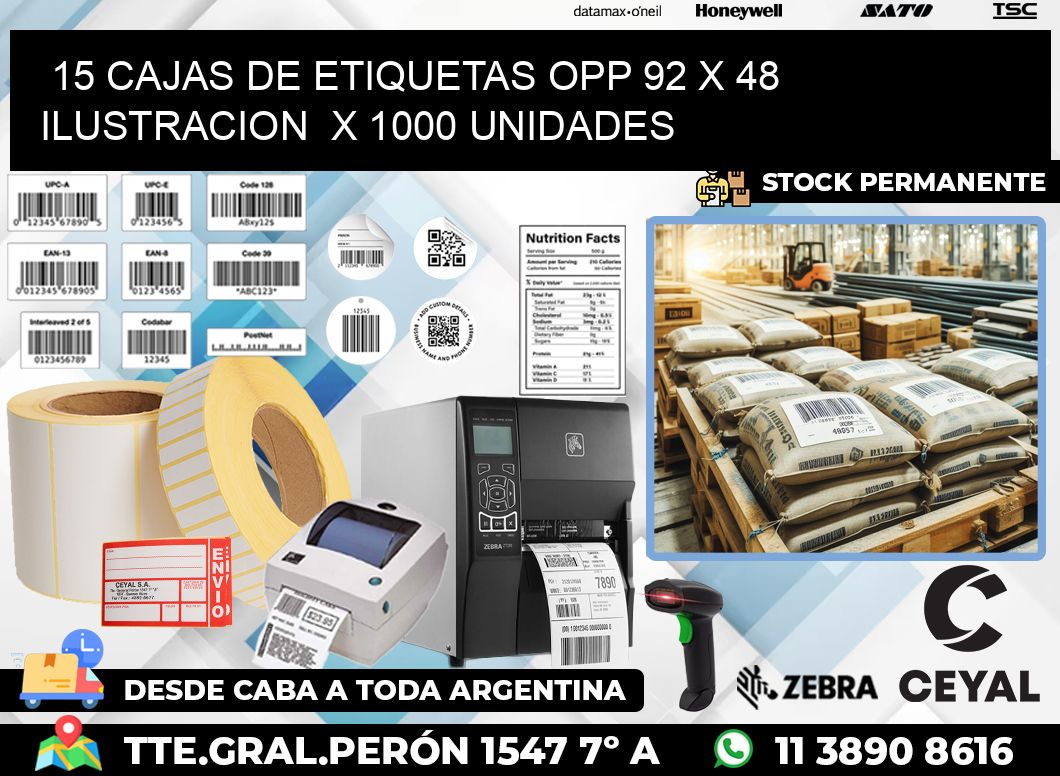 15 CAJAS DE ETIQUETAS OPP 92 x 48 ILUSTRACION  X 1000 UNIDADES