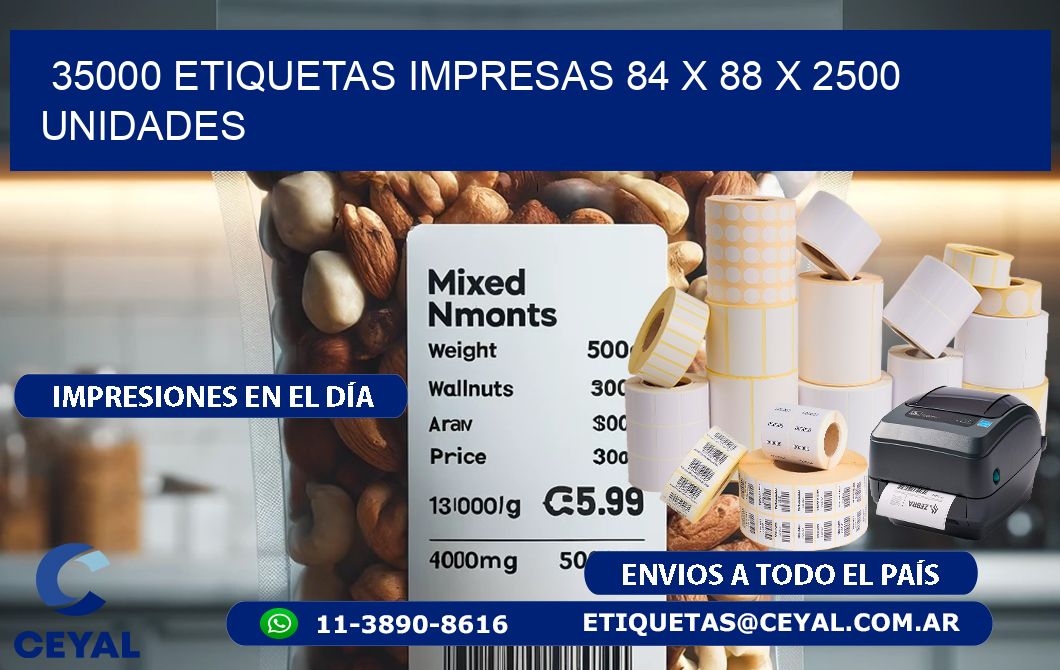 35000 ETIQUETAS IMPRESAS 84 x 88 X 2500 UNIDADES