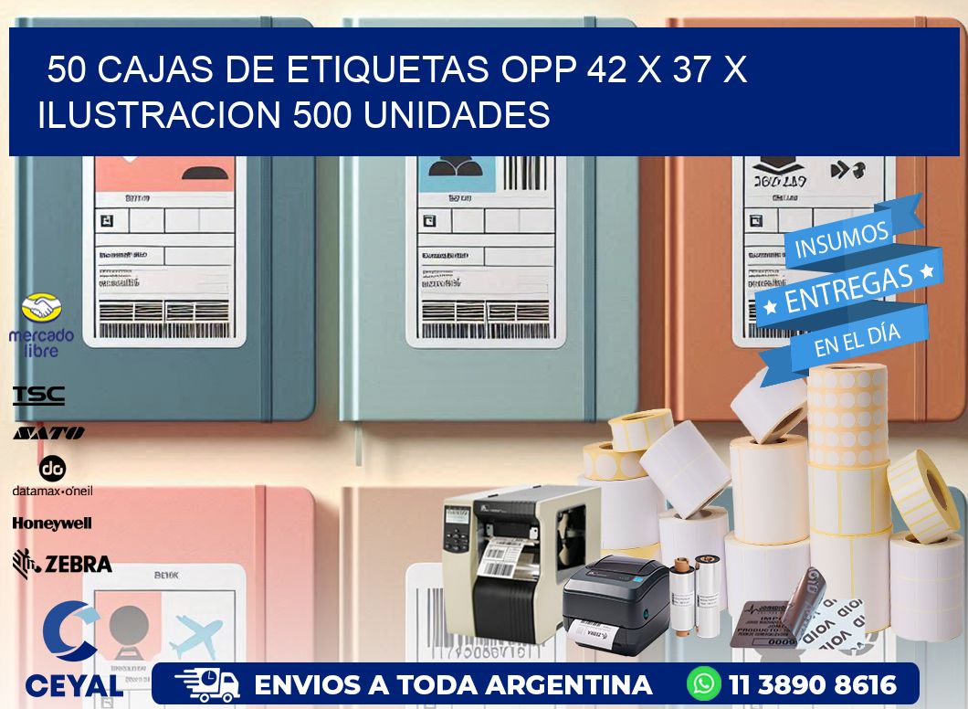 50 CAJAS DE ETIQUETAS OPP 42 x 37 X ILUSTRACION 500 UNIDADES