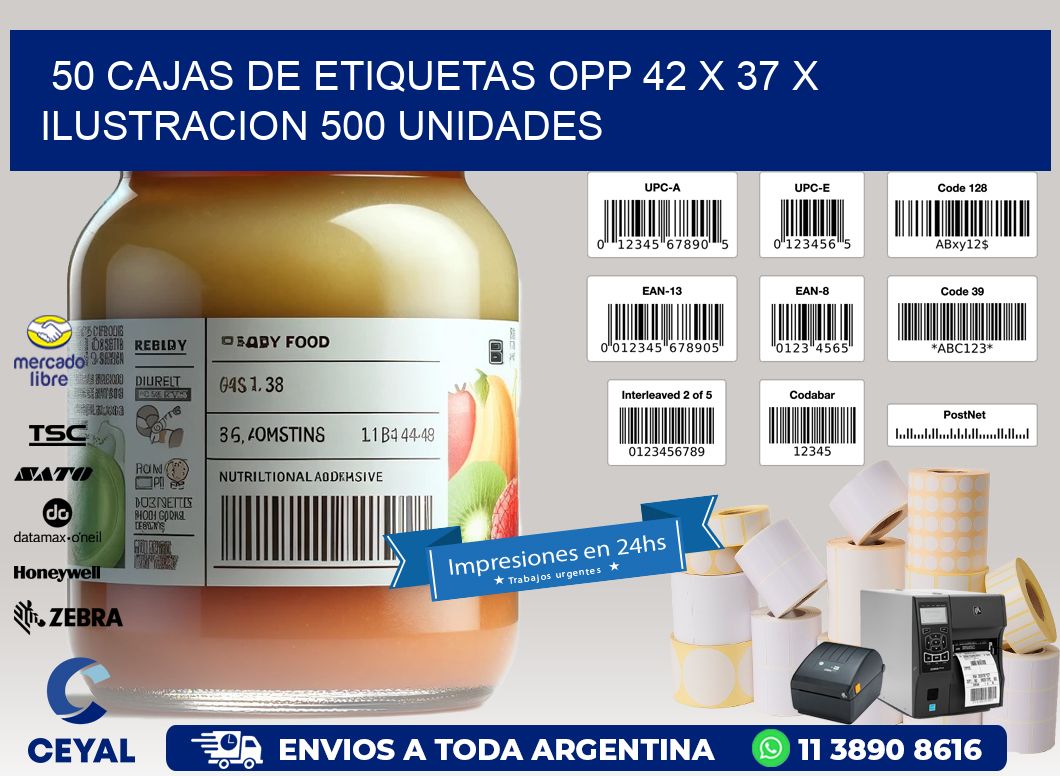 50 CAJAS DE ETIQUETAS OPP 42 x 37 X ILUSTRACION 500 UNIDADES