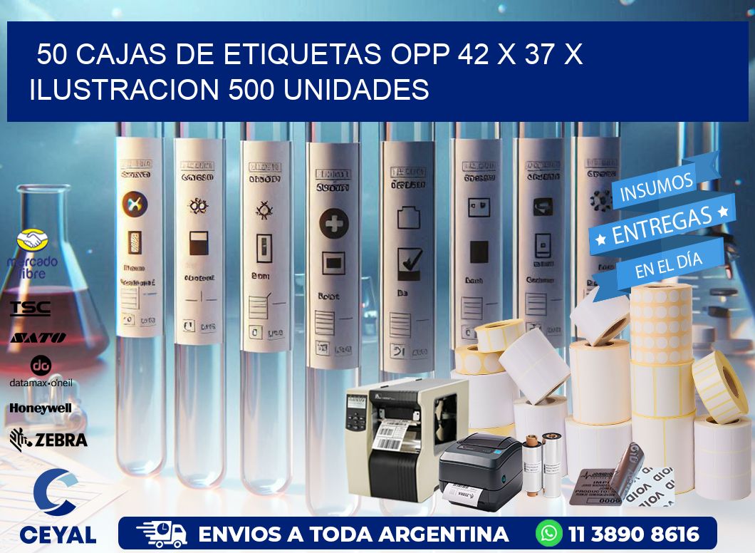 50 CAJAS DE ETIQUETAS OPP 42 x 37 X ILUSTRACION 500 UNIDADES