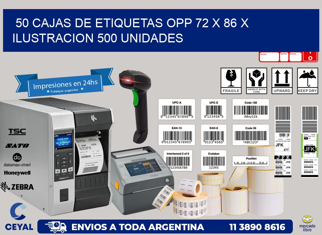 50 CAJAS DE ETIQUETAS OPP 72 x 86 X ILUSTRACION 500 UNIDADES