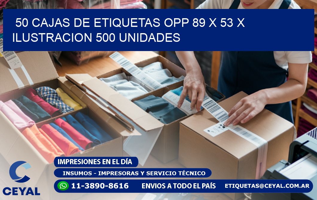 50 CAJAS DE ETIQUETAS OPP 89 x 53 X ILUSTRACION 500 UNIDADES