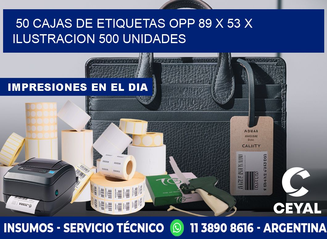 50 CAJAS DE ETIQUETAS OPP 89 x 53 X ILUSTRACION 500 UNIDADES