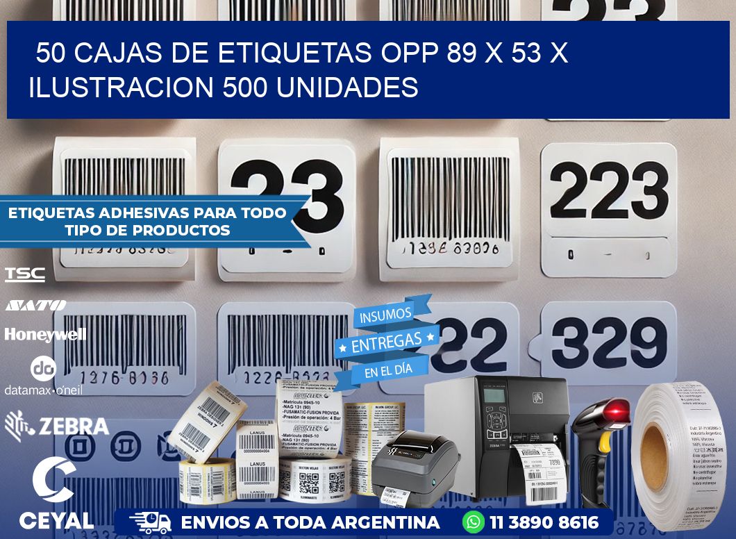 50 CAJAS DE ETIQUETAS OPP 89 x 53 X ILUSTRACION 500 UNIDADES