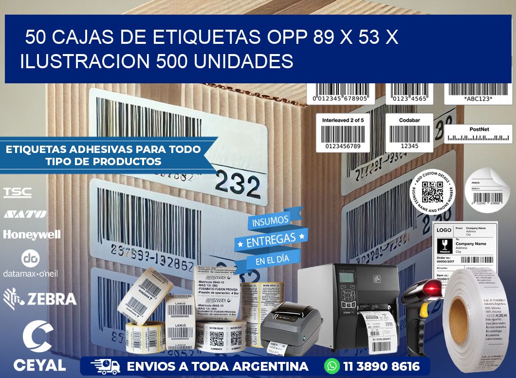 50 CAJAS DE ETIQUETAS OPP 89 x 53 X ILUSTRACION 500 UNIDADES