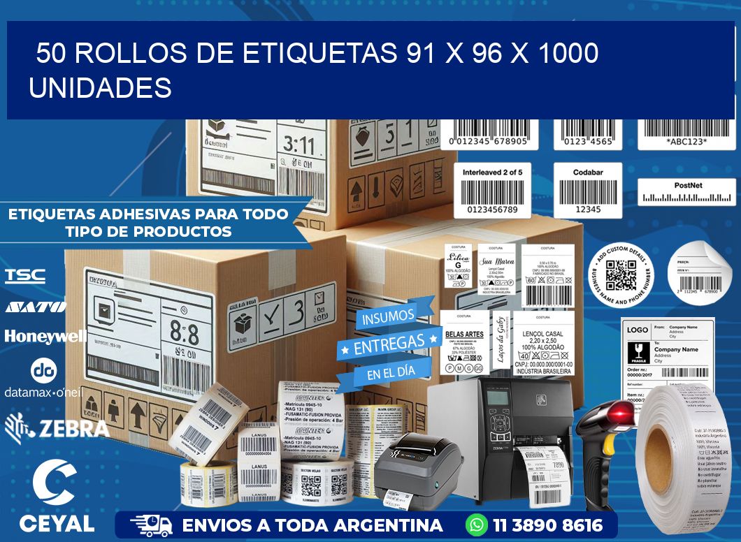 50 ROLLOS DE ETIQUETAS 91 x 96 X 1000 UNIDADES