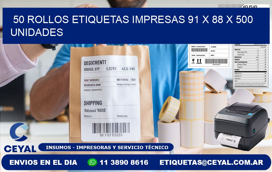 50 ROLLOS ETIQUETAS IMPRESAS 91 x 88 X 500 UNIDADES