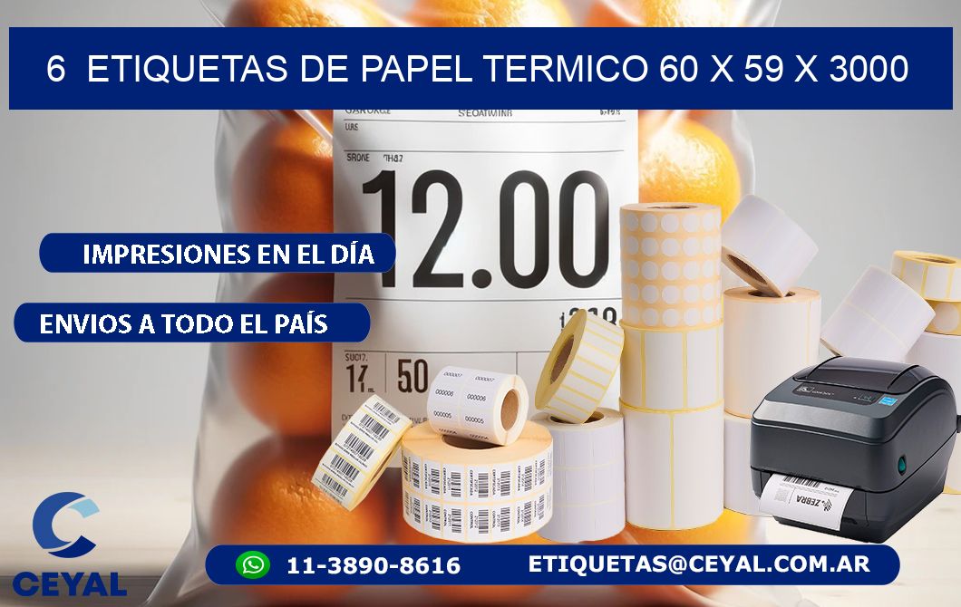 6  ETIQUETAS DE PAPEL TERMICO 60 x 59 X 3000