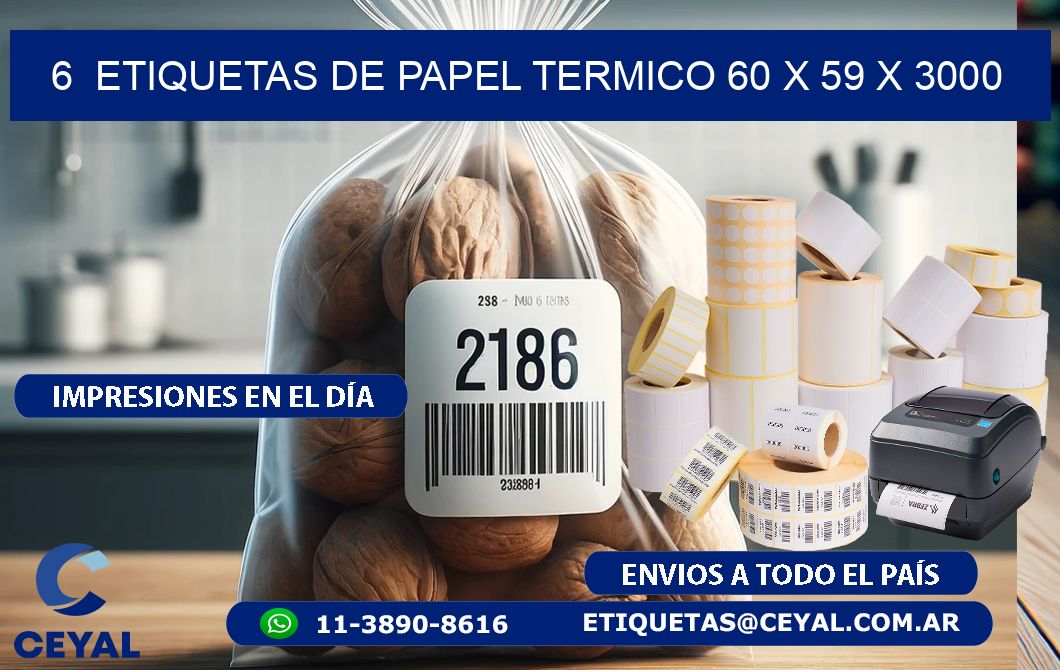 6  ETIQUETAS DE PAPEL TERMICO 60 x 59 X 3000