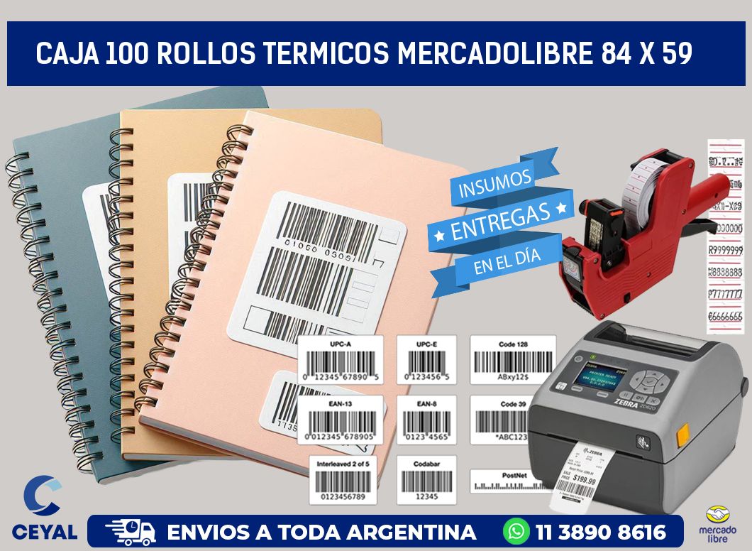 CAJA 100 ROLLOS TERMICOS MERCADOLIBRE 84 x 59