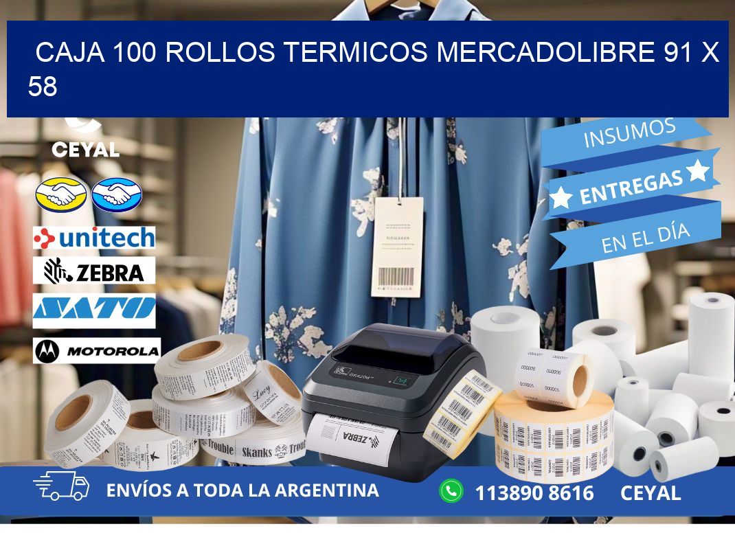 CAJA 100 ROLLOS TERMICOS MERCADOLIBRE 91 x 58