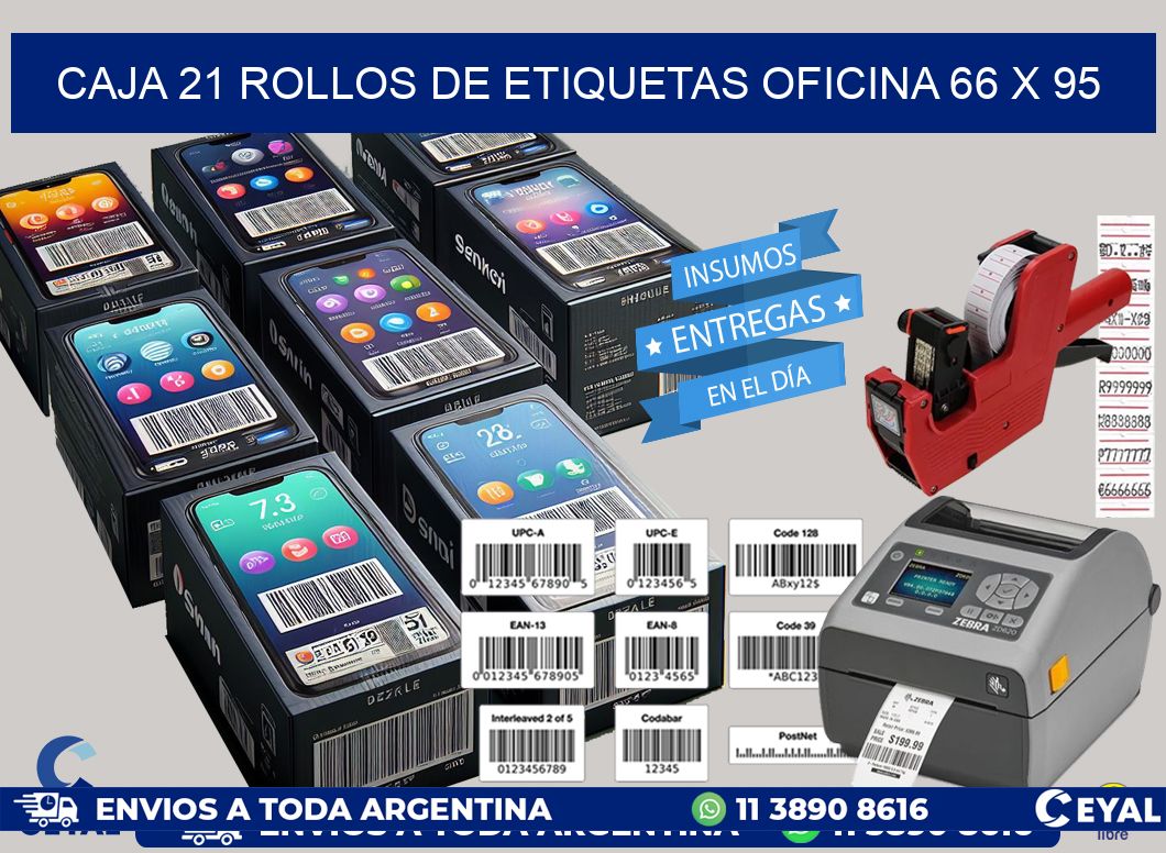 CAJA 21 ROLLOS DE ETIQUETAS OFICINA 66 x 95