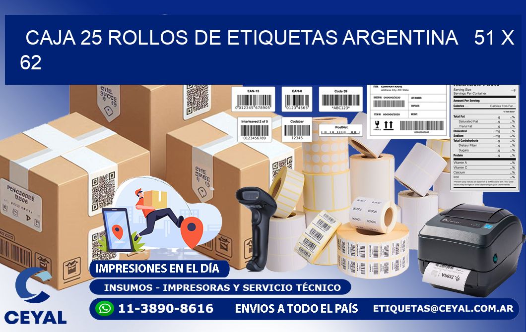 CAJA 25 ROLLOS DE ETIQUETAS ARGENTINA   51 x 62