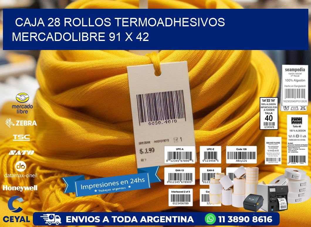 CAJA 28 ROLLOS TERMOADHESIVOS MERCADOLIBRE 91 x 42