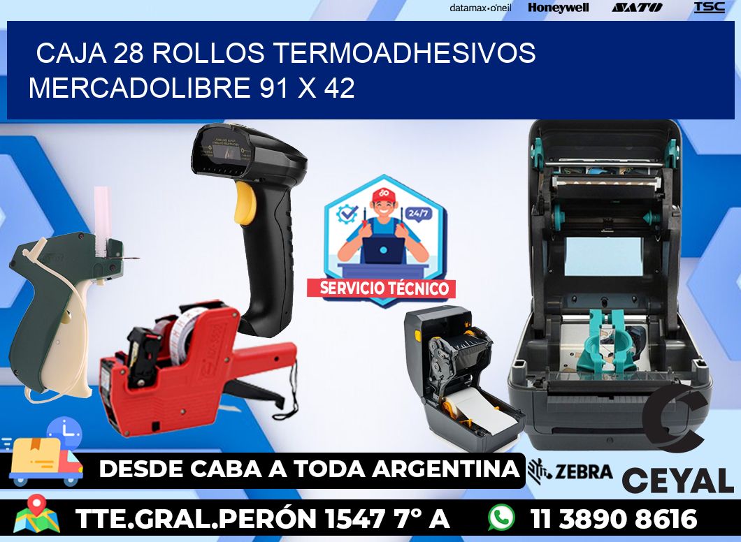 CAJA 28 ROLLOS TERMOADHESIVOS MERCADOLIBRE 91 x 42