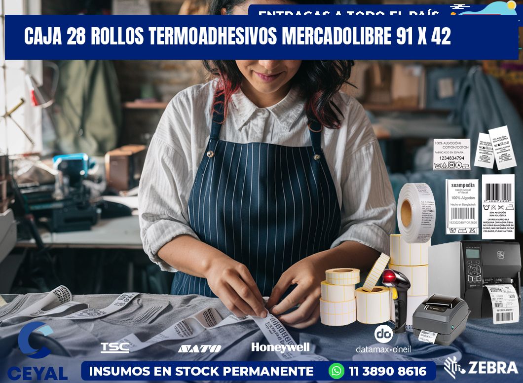 CAJA 28 ROLLOS TERMOADHESIVOS MERCADOLIBRE 91 x 42