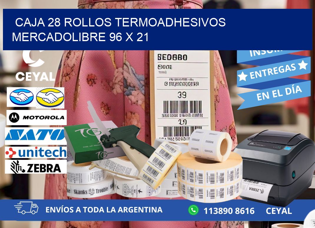 CAJA 28 ROLLOS TERMOADHESIVOS MERCADOLIBRE 96 x 21