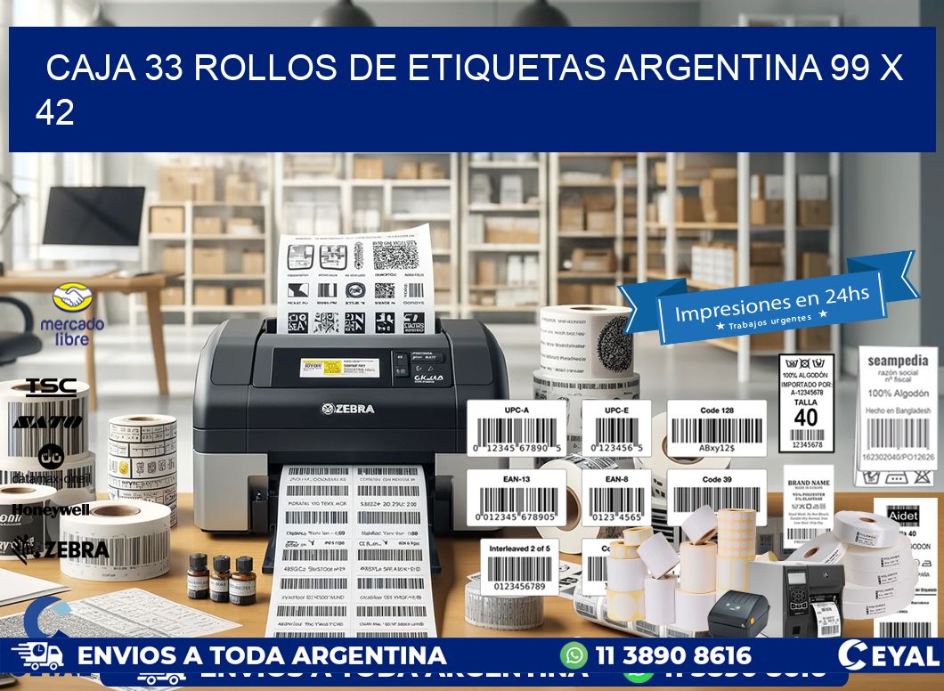 CAJA 33 ROLLOS DE ETIQUETAS ARGENTINA 99 x 42