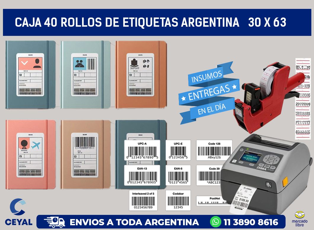 CAJA 40 ROLLOS DE ETIQUETAS ARGENTINA   30 x 63