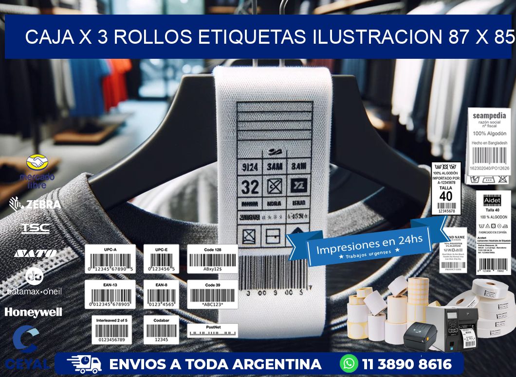 Caja X 3 Rollos Etiquetas Ilustracion 87 x 85