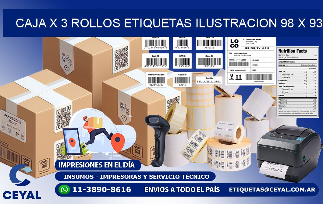 Caja X 3 Rollos Etiquetas Ilustracion 98 x 93